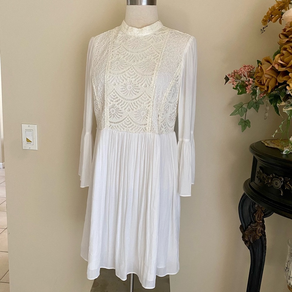 Cream Lace Yoke Long Sleeve Dress